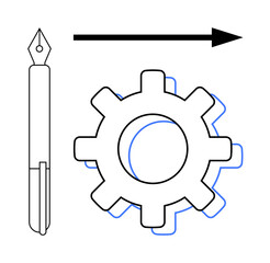 Fountain pen, gear, and arrow emphasize creativity, technical processes, and forward movement. Ideal for workflow, innovation, productivity design strategy direction teamwork. Simple flat