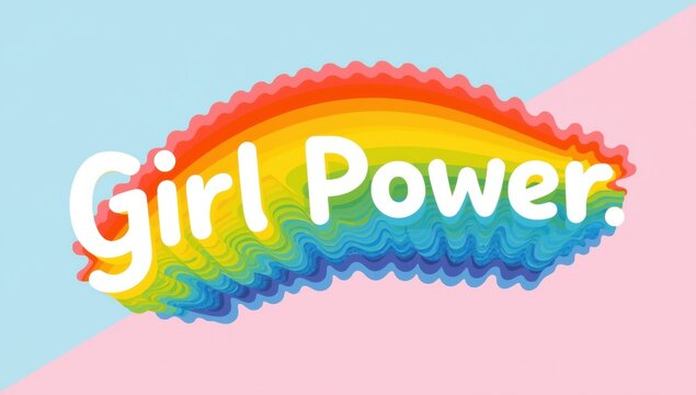 Girl power text with rainbow background and wavy effect