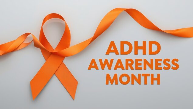 Adhd awareness month text with orange awareness ribbon on white background - Powered by Adobe