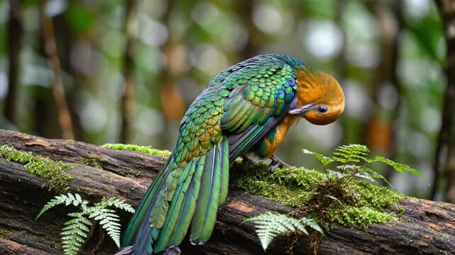 Golden headed quetzal preening perched on a mossy branch in a lush cloud forest