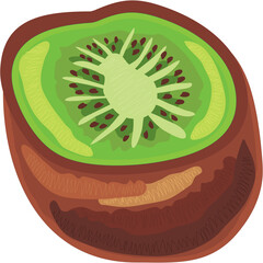 Vibrant Cross Section of a Ripe Kiwi Fruit Showcasing its Green Flesh and Black Seeds Against a Clean White Background