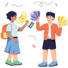 Two young people celebrate a victory holding trophies and decorative balls on a transparent background with confetti and swirls