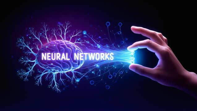 Human hand interacts with a glowing neural network symbol, representing AI and cognitive abilities