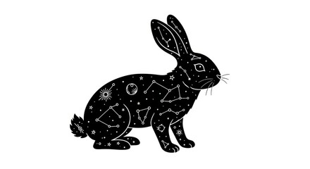 Mystical celestial rabbit illustration with stars and constellations in black and white artwork