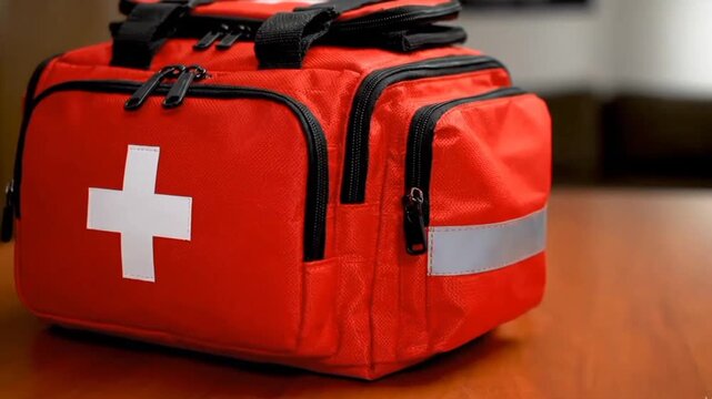 Bright red first aid kit ready for emergencies and safety needs in modern setting