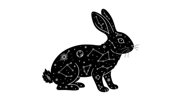 Mystical celestial rabbit illustration with stars and constellations in black and white artwork