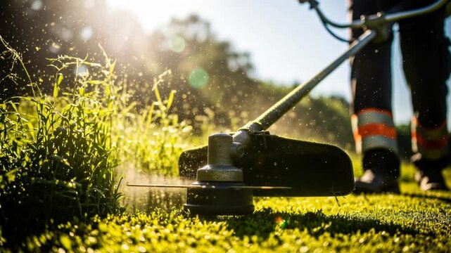 Dynamic lawn care with string trimmer outdoors