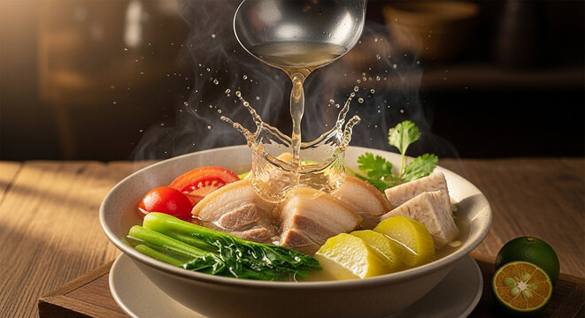 Filipino sinigang soup with pork belly, taro, tomatoes, and kangkong in a clear sour broth, captured mid-pour