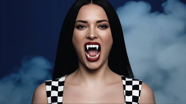 Black-Haired Woman in Grid-Girl Dress Revealing Her Fangs &ndash; Blue Studio Close-Up