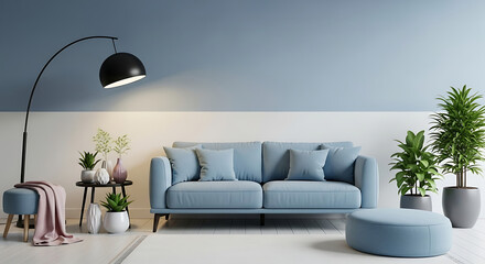 Modern living room with blue sofa, floor lamp, plants and decorations in cozy home