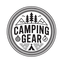 Vintage camping gear emblem with mountains trees and tent