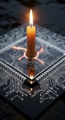 A lit candle placed on top of a microchip with glowing circuits, symbolizing technology and innovation in digital and electronic advancements