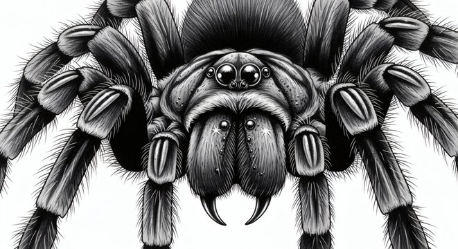 Extreme Close-Up of Hairy Tarantula Spider - Detailed Monochromatic Illustration