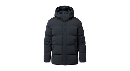 A dark grey hooded puffer coat with a long silhouette showcasing its quilted design and textured cuffs isolated on transparent background