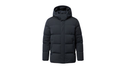 A dark grey hooded puffer coat with a long silhouette showcasing its quilted design and textured cuffs isolated on transparent background