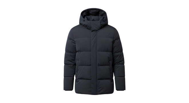 A dark grey hooded puffer coat with a long silhouette showcasing its quilted design and textured cuffs isolated on transparent background