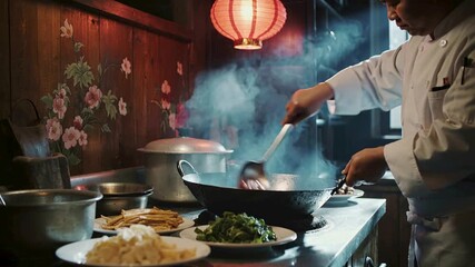 professional chef cooking stir fry in a wok with steam rising in a rustic kitchen with fresh ingredients and red lanterns under warm light - Powered by Adobe