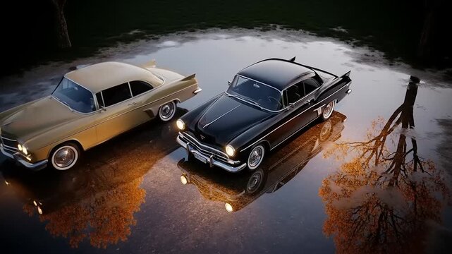 Two vintage cars parked on a wet surface reflecting lights and trees.