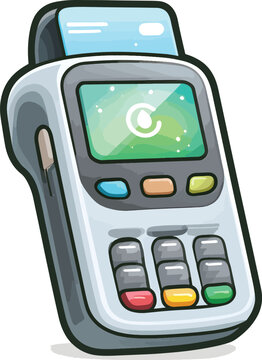 Cartoon style credit card reader terminal with colorful buttons