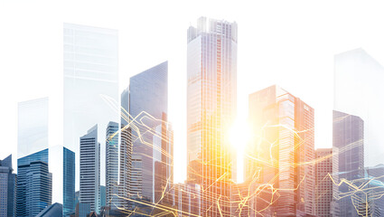 Brightly lit cityscape with sun flare and dynamic, glowing golden lines/circuits overlaid.