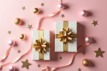 Pink gifts wrapped in gold bows, festive ornaments and stars scattered on soft pink background. Christmas joy captured.