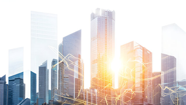 Brightly lit cityscape with sun flare and dynamic, glowing golden lines/circuits overlaid.