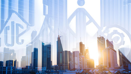 Cityscape with a bright sky overlaid with large, abstract business/human icons and grid lines.