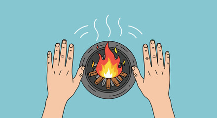 Hands warming over firepit, a vector icon for camping blogs and cozy lifestyle design