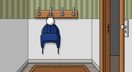 Winter hat hanging in a hallway, vector scene representing a cozy home and seasonal concept