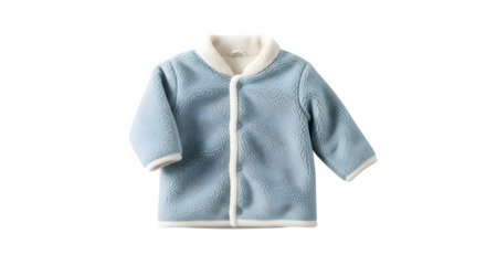 Cozy light blue baby bathrobe with hood and white trim featuring a subtle pattern isolated on transparent background
