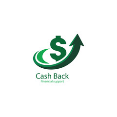 Cash back financial support logo with a green dollar sign and an upward trending arrow isolated on