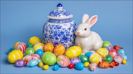 whimsical easter eggs and candies around cute ceramic bunny spring celebration