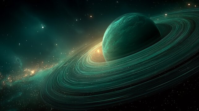 majestic green planetary rings glowing softly in detailed cosmic space scene - Powered by Adobe