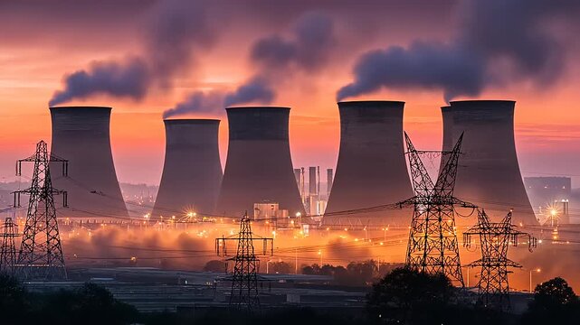 Stunning sunset over industrial power plant cooling towers with smoke and electricity pylons