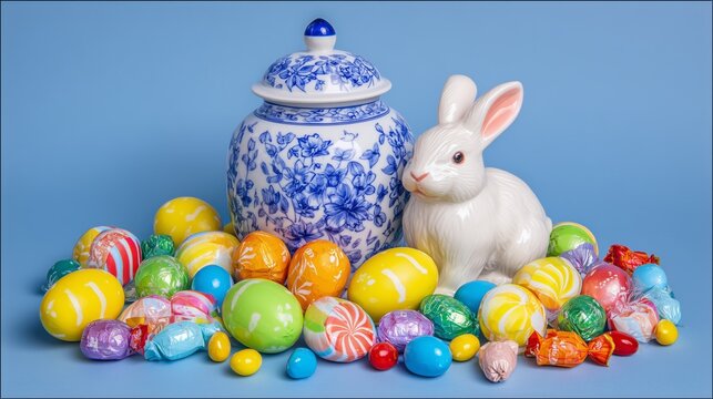 whimsical easter eggs and candies around cute ceramic bunny spring celebration