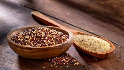 Quinoa On A Rustic Table Uncooked Tri Color Quinoa Grains Spread On A Rustic Wooden Table