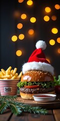 Christmas burger topped with red Santa hat, surrounded by fries and pine branches against festive lights.