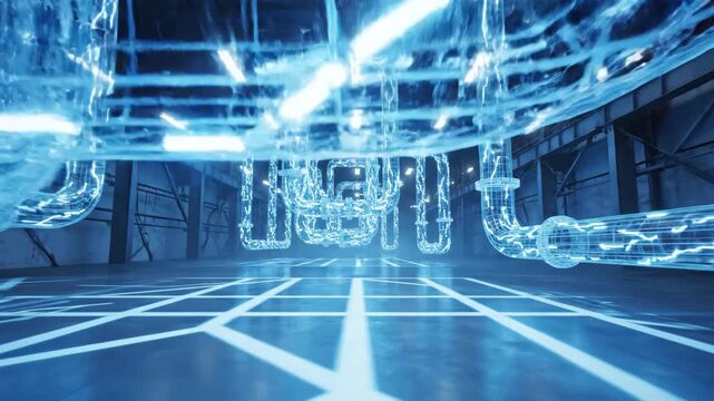 Futuristic blue pipes glow in a factory setting, creating a grid-like pattern on the floor
