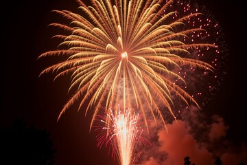 Fireworks burst in golden hues against dark sky, silhouetted trees below. Night celebration radiates joy and spectacle.