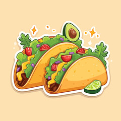 Colorful cartoon tacos with avocado and lime on beige background