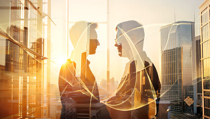 Two business people facing each other in silhouette, overlaid with golden lines, set against a bright cityscape.