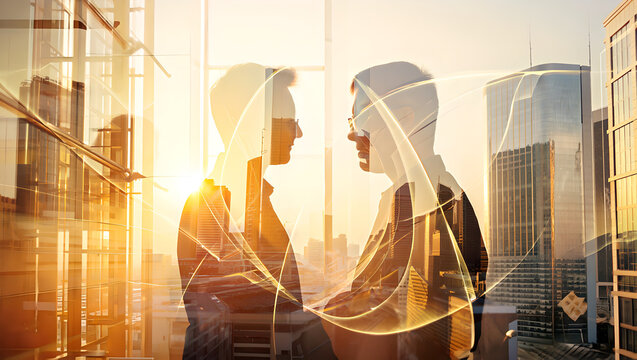 Two business people facing each other in silhouette, overlaid with golden lines, set against a bright cityscape.