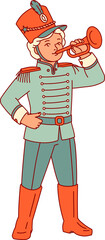 A clip art illustration of a boy playing a trumpet in a vintage soldier uniform. A classic and playful graphic