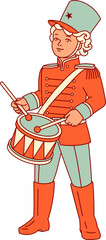 A clip art illustration of a child drummer in a vintage soldier uniform. A retro and playful graphic element