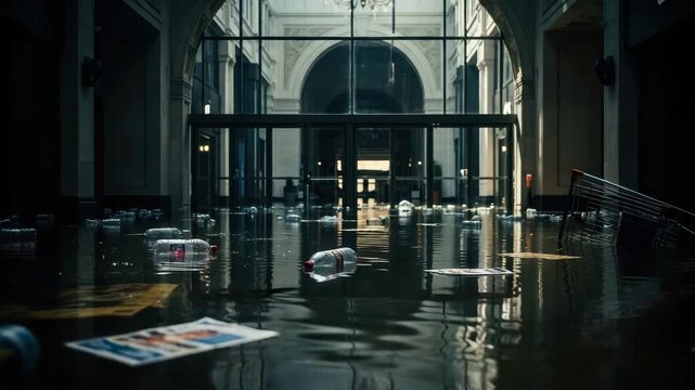 Water covers the floor of a large building, with trash and debris floating after a storm