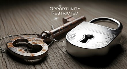 A rusty padlock and a key with barbed wire symbolize security, restriction, and the concept of limited access or protection on a wooden surface