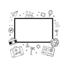 Travel doodle border on notebook grid paper background. Hand-drawn frame with travel icons like globe, passport, and camera.
