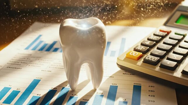 A glowing tooth statue stands on financial charts with a calculator, implying dental cost analysis