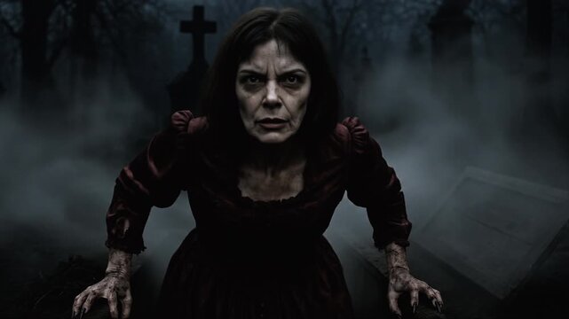 Mid-Age Vampire Woman With Long Brown Hair Rising From an Open Grave Revealing Her Fangs