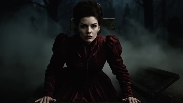 Victorian Vampire Woman Rising From an Open Grave at Night Revealing Her Fangs